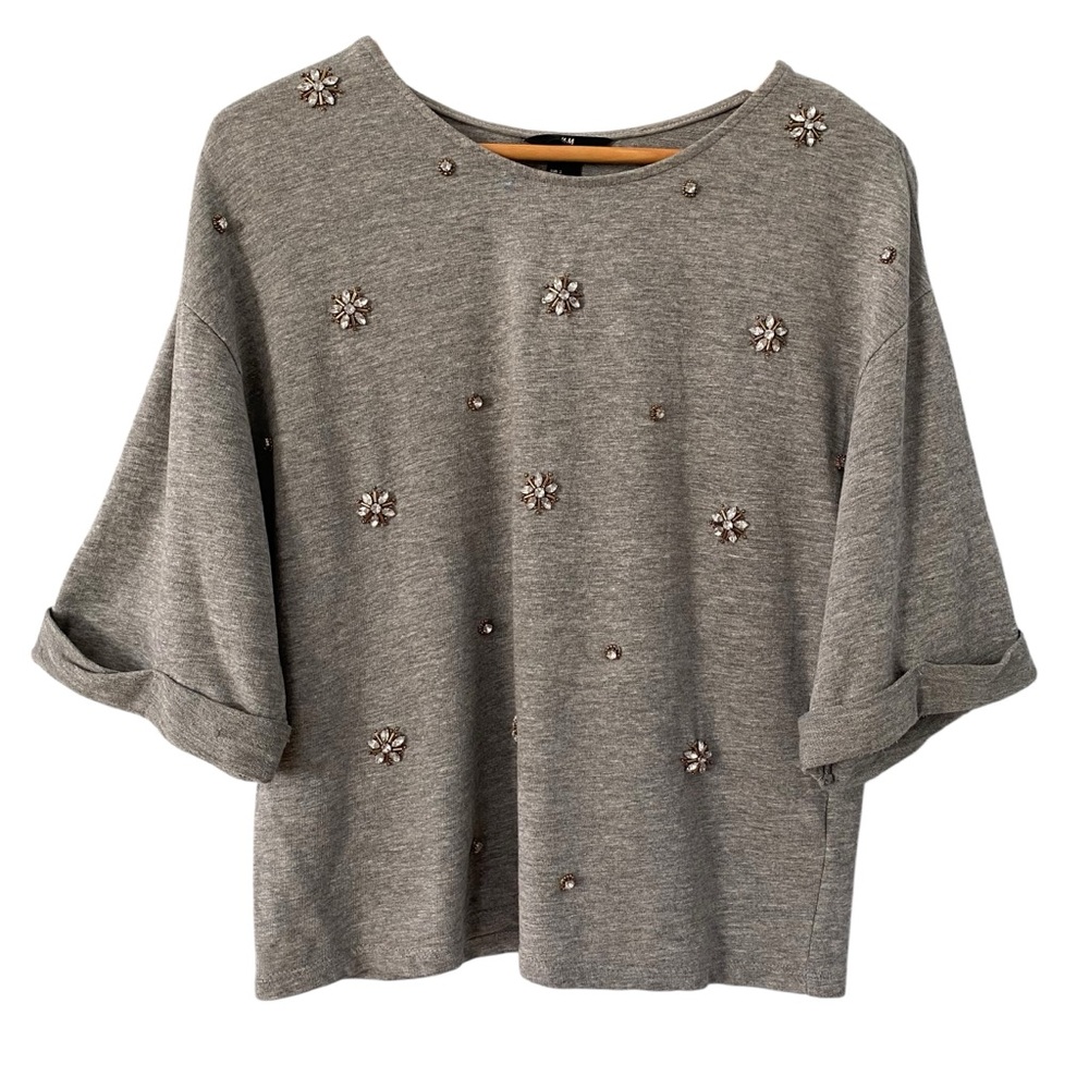 H&M Gray Women's Short Cuffed Sleeve Cotton w/ Rhinestones Top S